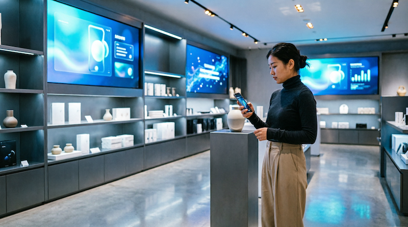 Shopper scanning a product on a phone inside a modern store with blue digital signage — Ttish Labs Retail Suite
